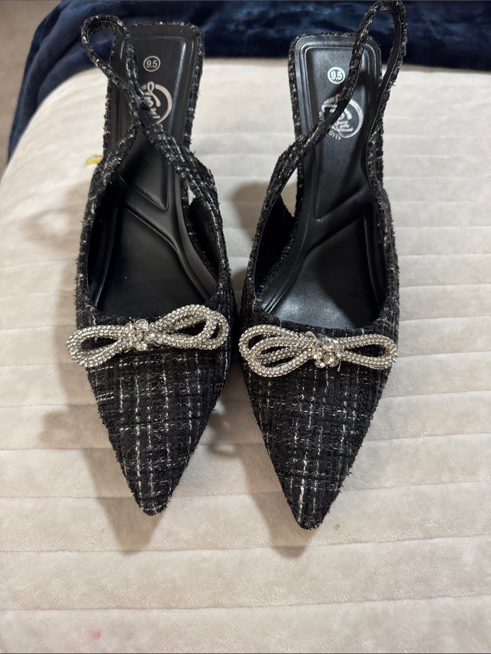 FIONI Clothing Black Tweed Pointed Slingback Heels with Crystal Bow Accent